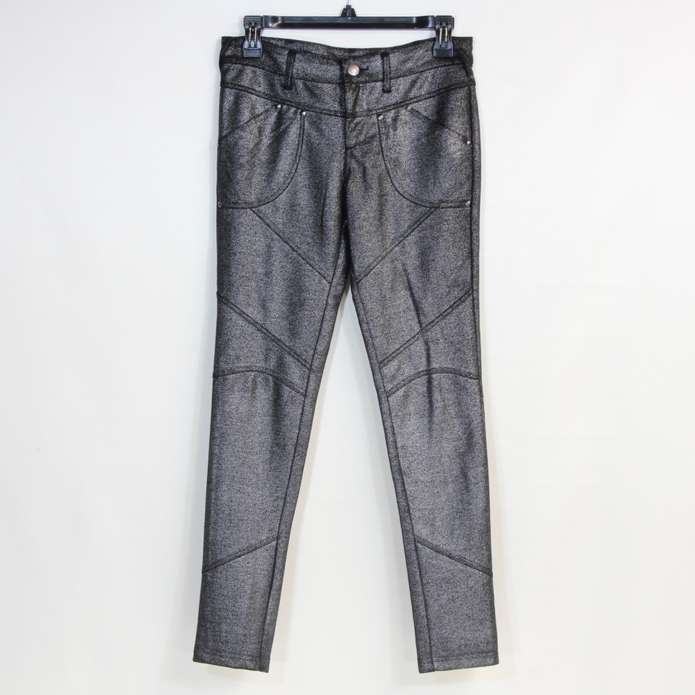 Free People Women's High Rise Black Silver Metallic Skinny Pants NWOT Size 26